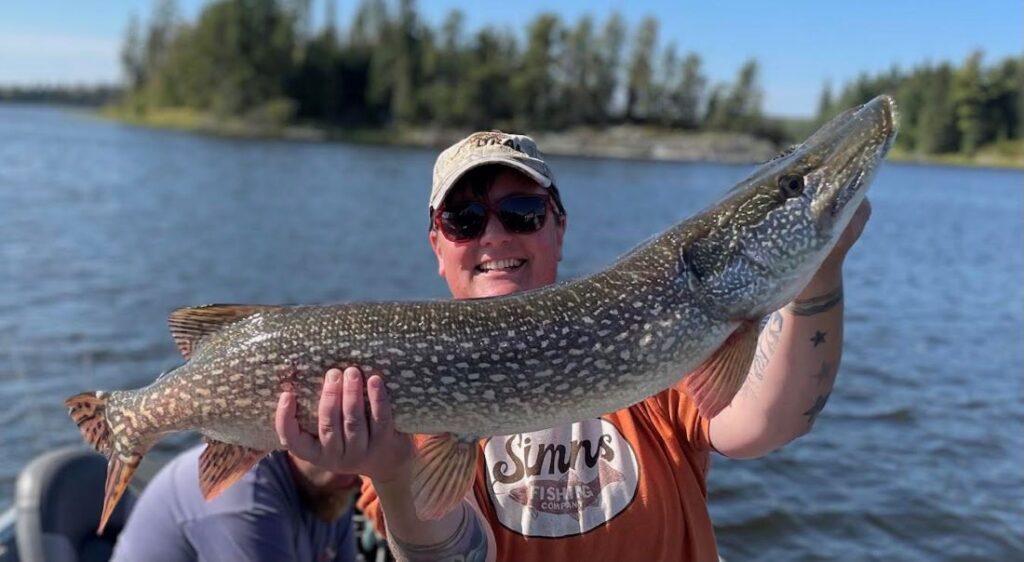 Woman fishing holding up large northern pike at Canadian fishing lodge, Halley's Camps.