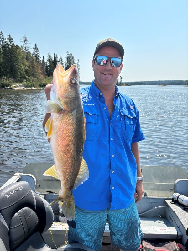 Fisherman who owns Halley's Camps holding Canadian walleye in a boat on a sunny day