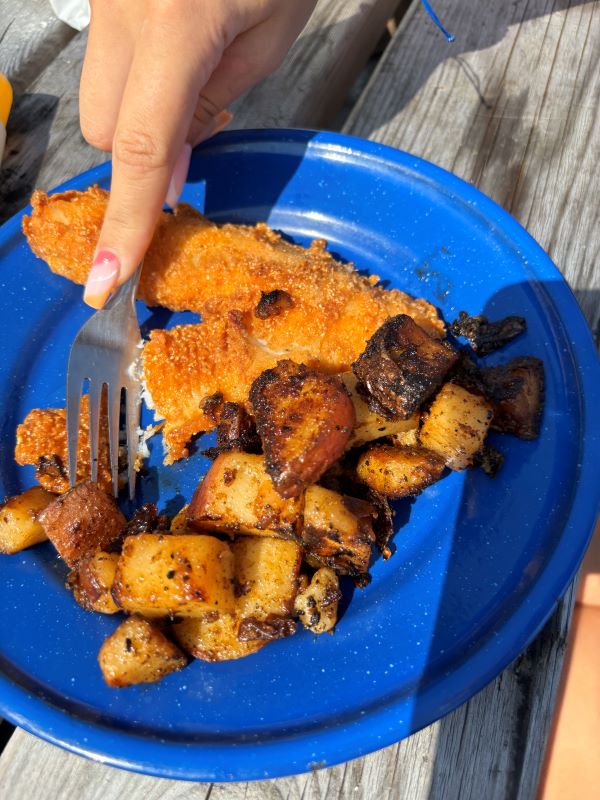 Picture of fried Canadian walleye filets and potatoes on a plate at Halley's Camps