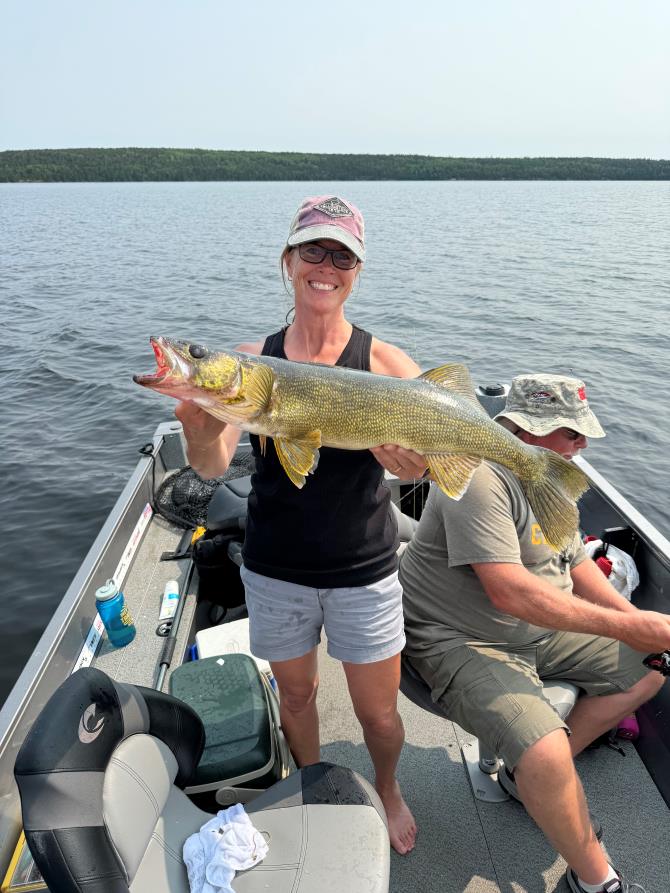 Trophy Walleye being held by a woman fisherman in a boat at Halley's Camps One Man Lake.