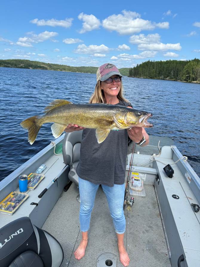 Trophy Walleye being held by a woman fisherman in a boat at Halley's Camps One Man Lake.