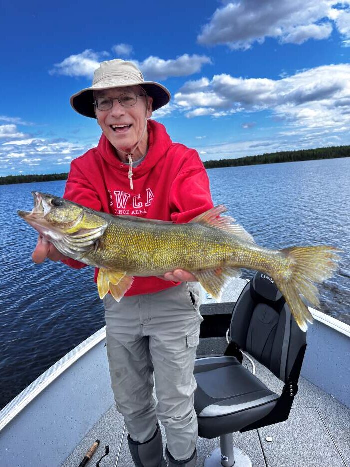 Walleye fishing with a man holding a nice size walleye he caught.