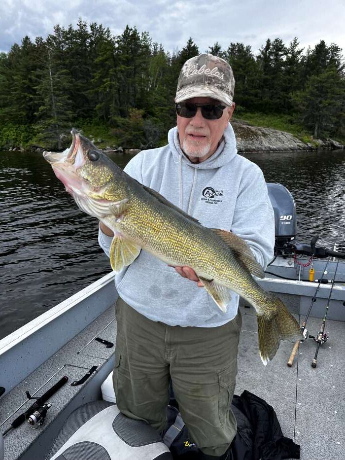 Man holding a large walleye close to water's edge.