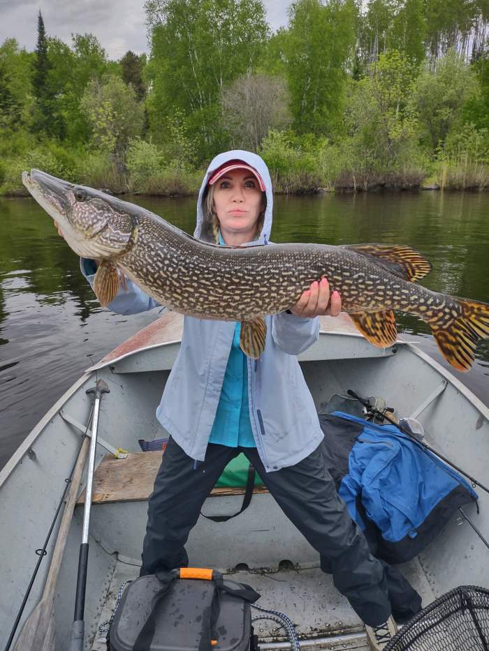 Maury is holding up her ginormous northern pike.